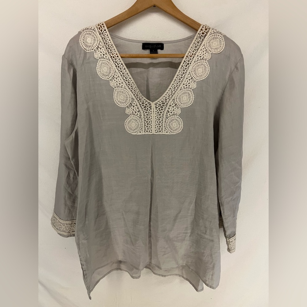 August Silk 100% Linen & Crochet Lace Light Grey & Cream Blouse Size L